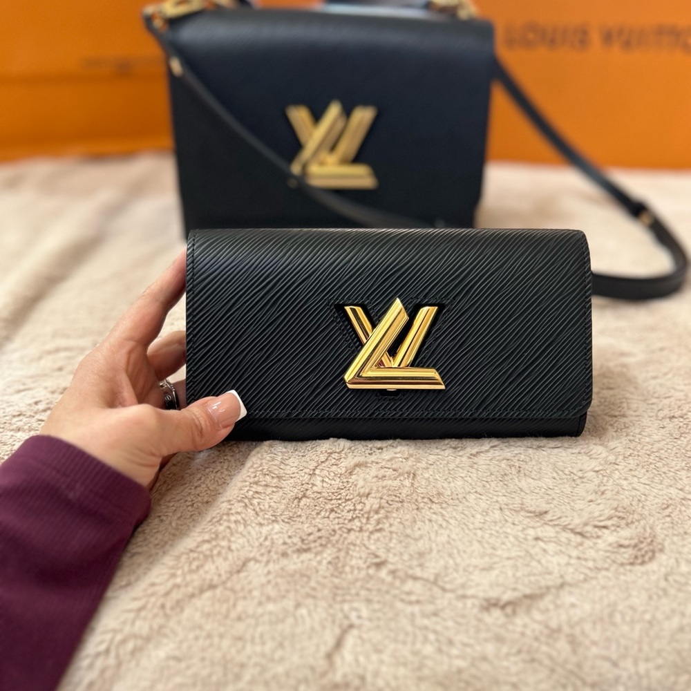 Louis Vuitton Black Epi Leather Twist Wallet with Gold LV Logo